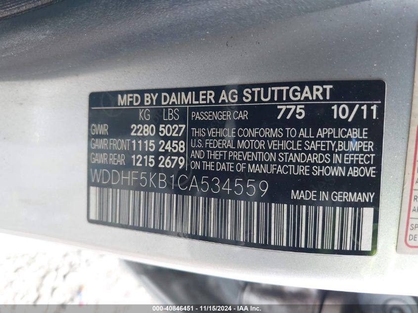 2012 Mercedes-Benz E 350 VIN: WDDHF5KB1CA534559 Lot: 40846451