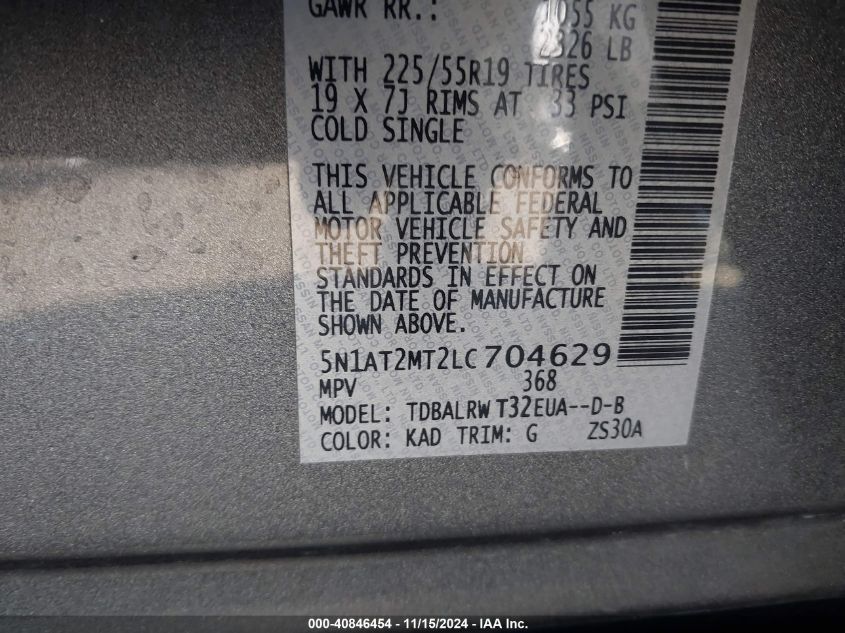 2020 Nissan Rogue Sl Fwd VIN: 5N1AT2MT2LC704629 Lot: 40846454