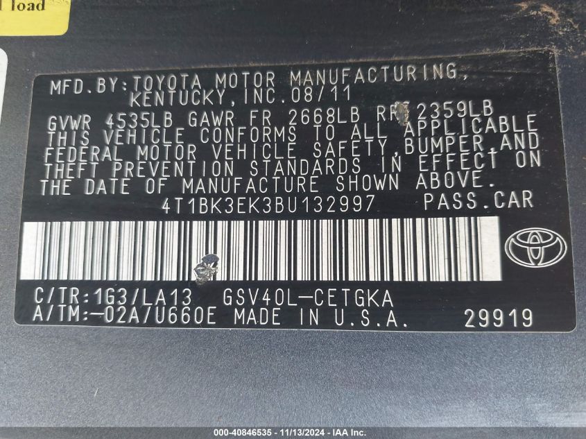 2011 TOYOTA CAMRY VIN: 4T1BK3EK3BU132997