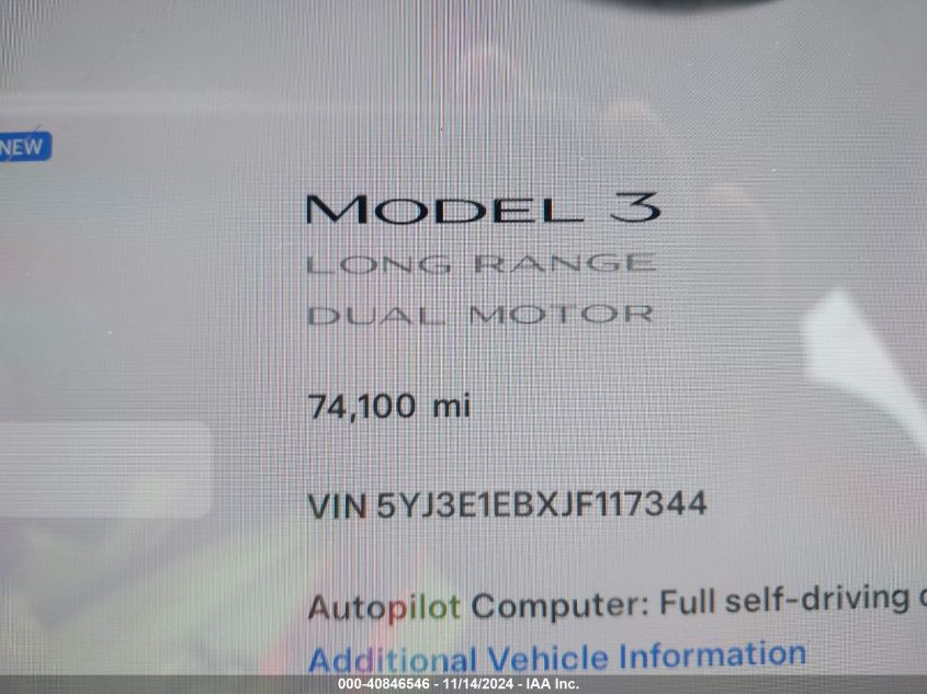 2018 Tesla Model 3 Long Range/Performance VIN: 5YJ3E1EBXJF117344 Lot: 40846546