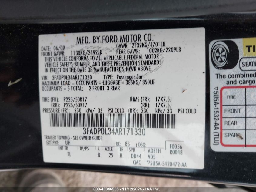 2010 Ford Fusion Hybrid VIN: 3FADP0L34AR171330 Lot: 40846555