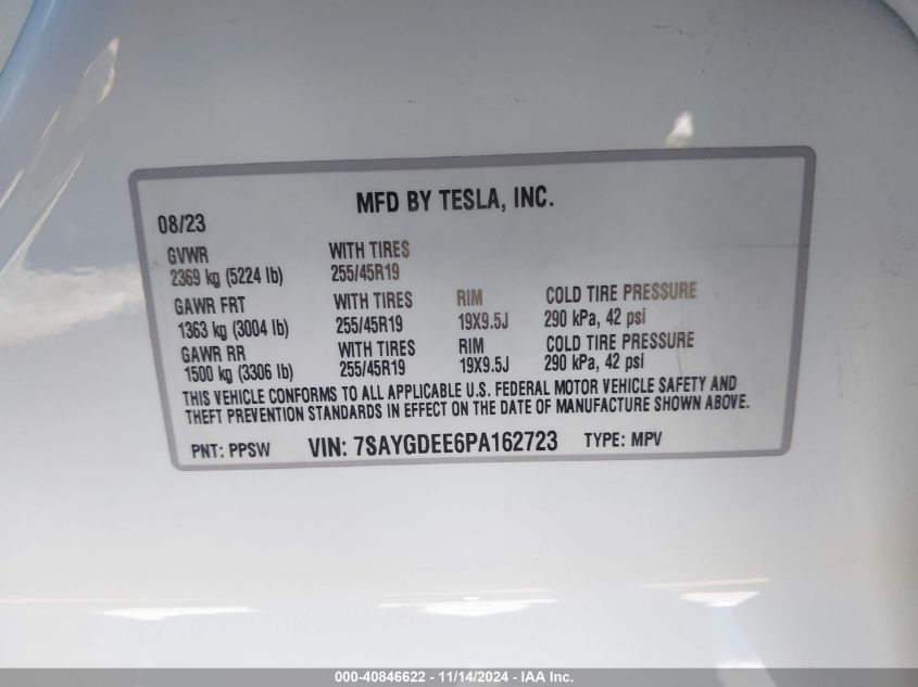 2023 Tesla Model Y Awd/Long Range Dual Motor All-Wheel Drive VIN: 7SAYGDEE6PA162723 Lot: 40846622