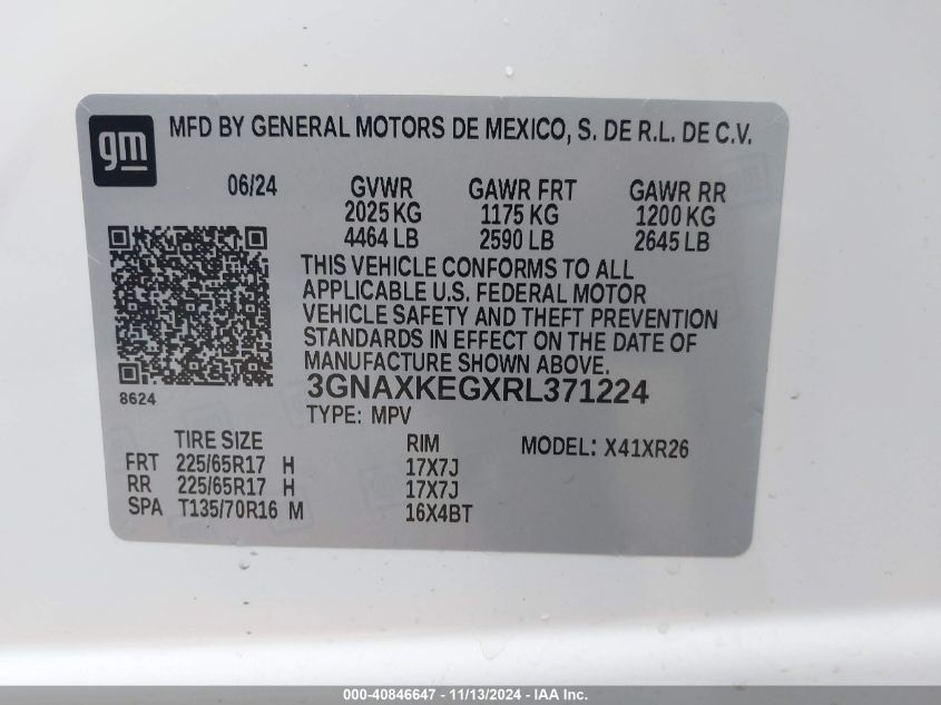 2024 Chevrolet Equinox Fwd Lt VIN: 3GNAXKEGXRL371224 Lot: 40846647