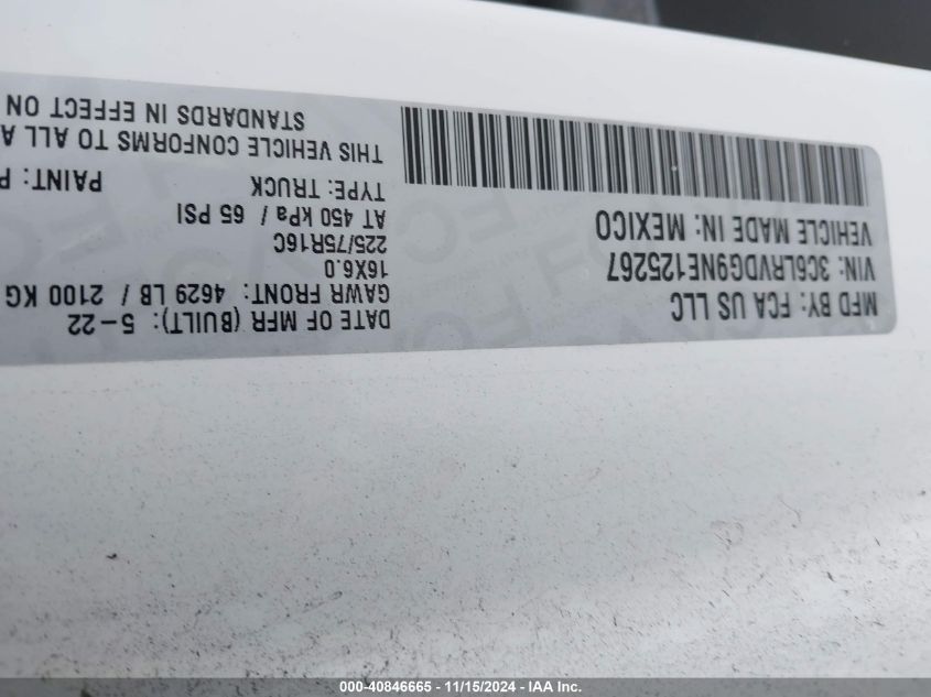 2022 Ram Promaster 2500 High Roof 159 Wb VIN: 3C6LRVDG9NE125267 Lot: 40846665