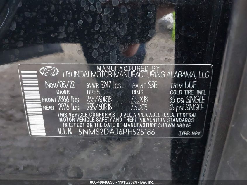 2023 Hyundai Santa Fe Sel VIN: 5NMS2DAJ6PH525186 Lot: 40846690