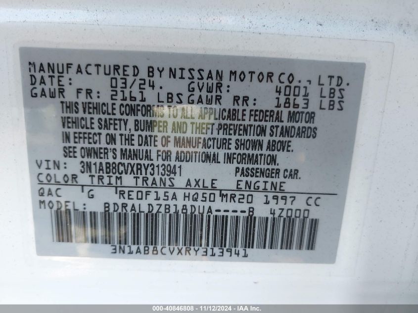 2024 Nissan Sentra Sv Xtronic Cvt VIN: 3N1AB8CVXRY313941 Lot: 40846808