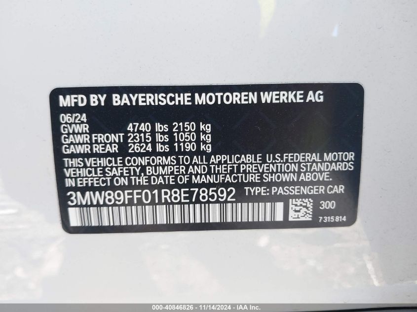 2024 BMW 3 Series 330I xDrive VIN: 3MW89FF01R8E78592 Lot: 40846826