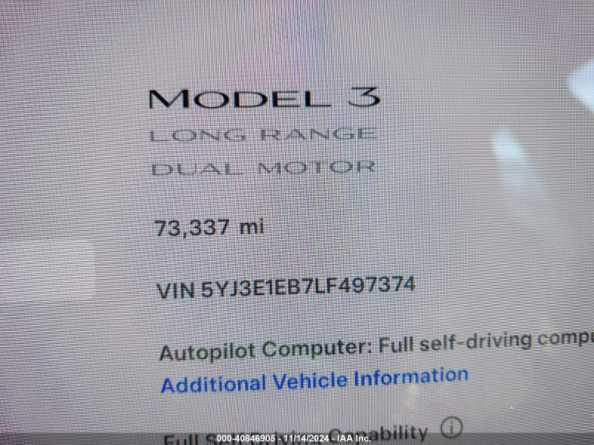 2020 Tesla Model 3 Long Range Dual Motor All-Wheel Drive VIN: 5YJ3E1EB7LF497374 Lot: 40846905