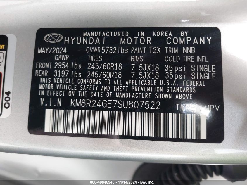 2025 Hyundai Palisade Sel VIN: KM8R24GE7SU807522 Lot: 40846948