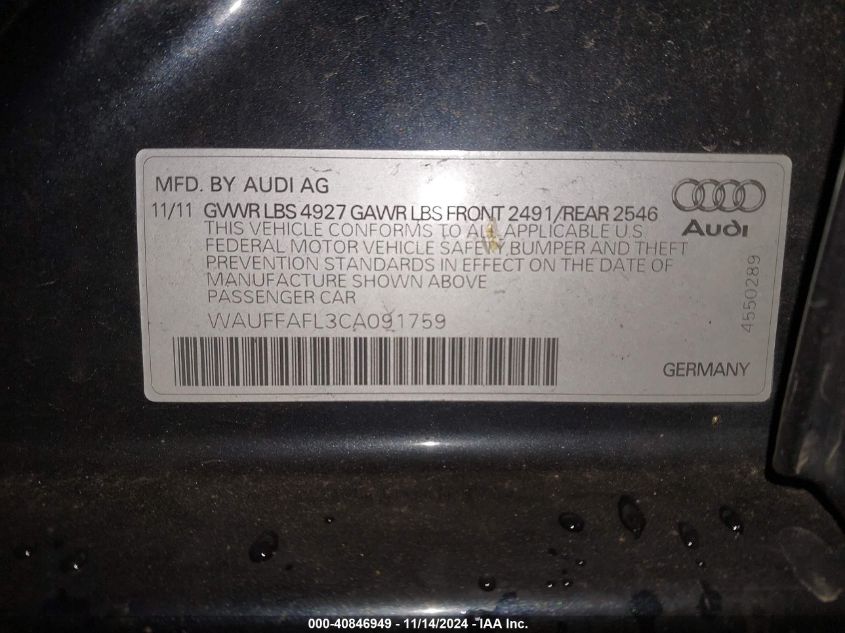 2012 Audi A4 2.0T Premium VIN: WAUFFAFL3CA091759 Lot: 40846949