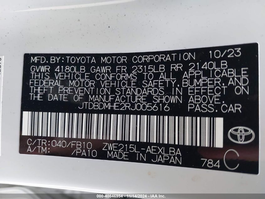 2024 Toyota Corolla Hybrid Le VIN: JTDBDMHE2RJ005616 Lot: 40846954