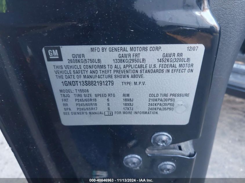 2008 Chevrolet Trailblazer Lt VIN: 1GNDT13S882191279 Lot: 40846963