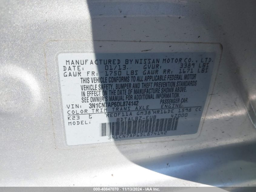 VIN 3N1CN7AP6DL874142 2013 Nissan Versa, 1.6 SV no.9