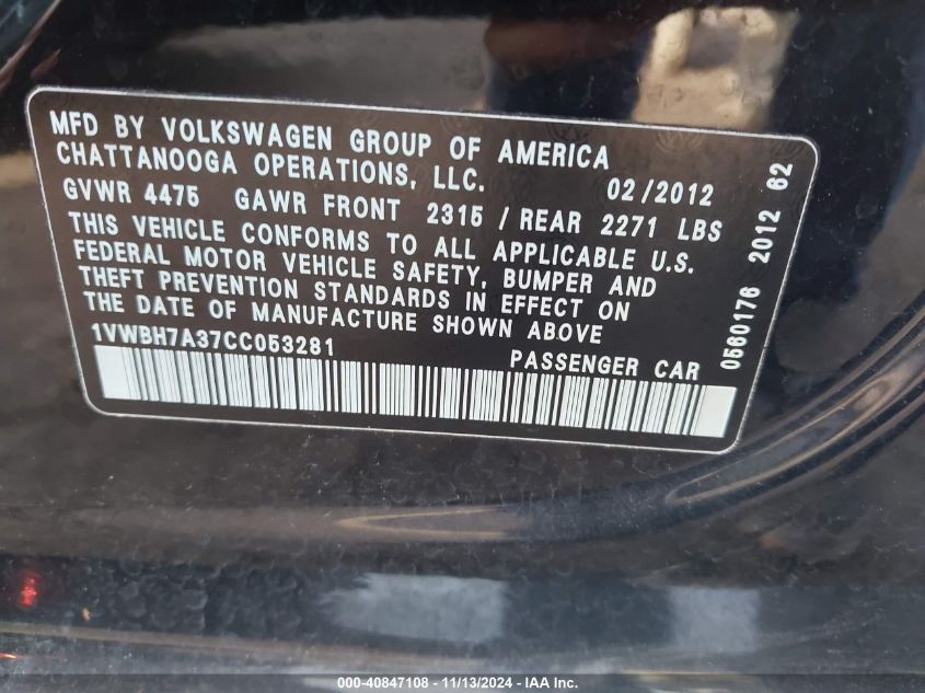 2012 Volkswagen Passat 2.5L Se VIN: 1VWBH7A37CC053281 Lot: 40847108