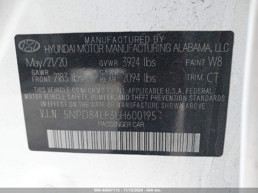 2020 Hyundai Elantra Sel VIN: 5NPD84LF3LH600195 Lot: 40847113