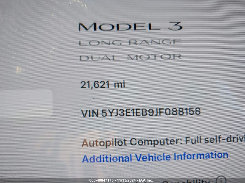 2018 Tesla Model 3 Long Range/Performance VIN: 5YJ3E1EB9JF088158 Lot: 40847175