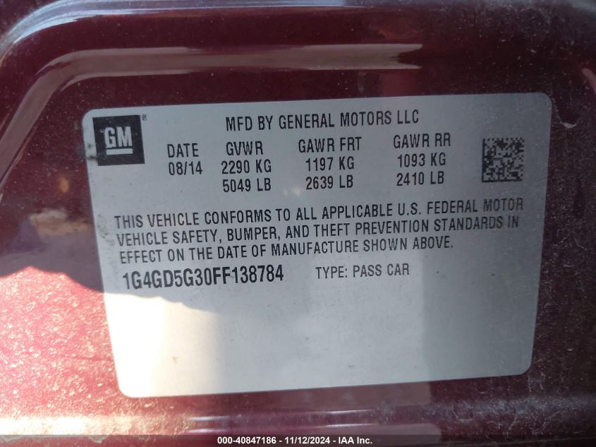 2015 Buick Lacrosse Premium I VIN: 1G4GD5G30FF138784 Lot: 40847186