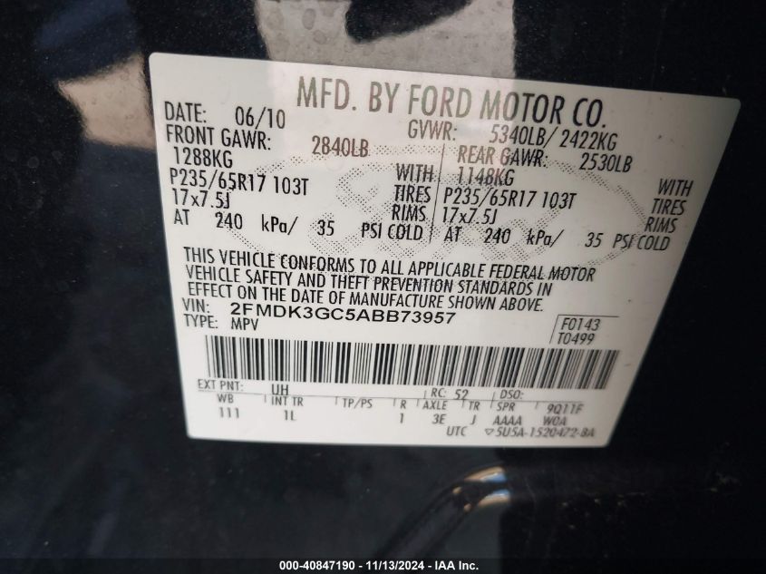 2010 Ford Edge Se VIN: 2FMDK3GC5ABB73957 Lot: 40847190