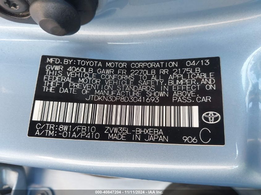 2013 Toyota Prius Plug-In VIN: JTDKN3DP8D3041693 Lot: 40847204