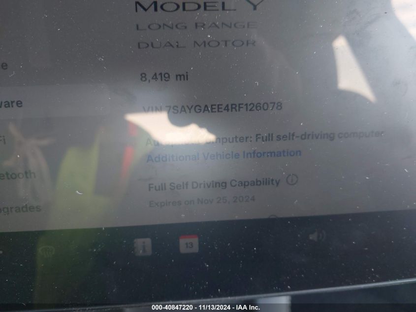 2024 Tesla Model Y Long Range Dual Motor All-Wheel Drive VIN: 7SAYGAEE4RF126078 Lot: 40847220