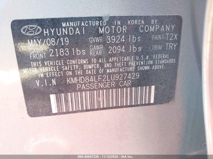 2020 Hyundai Elantra Sel VIN: KMHD84LF2LU927429 Lot: 40847239