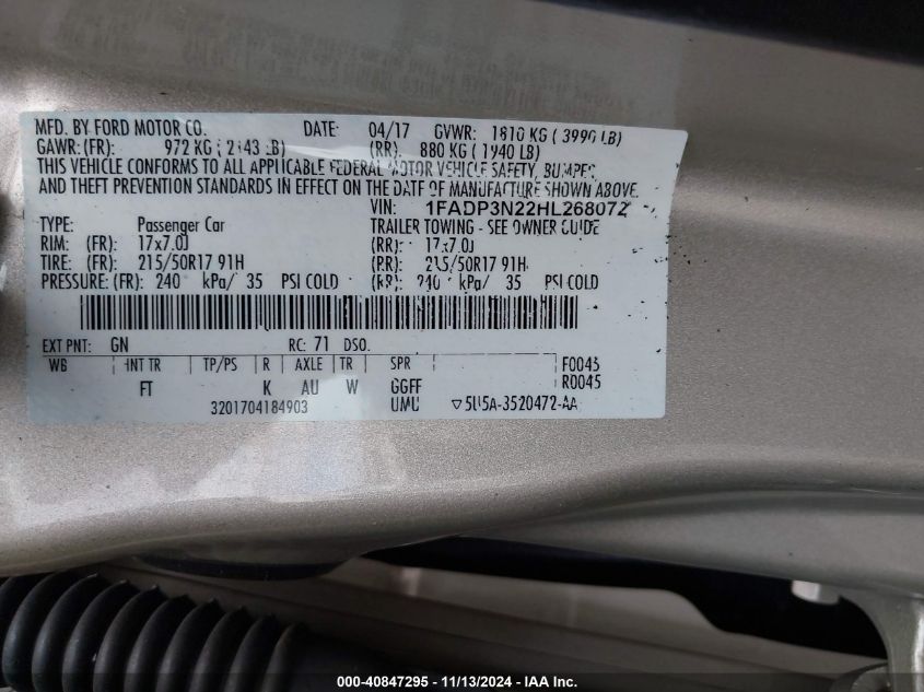 2017 FORD FOCUS TITANIUM - 1FADP3N22HL268072