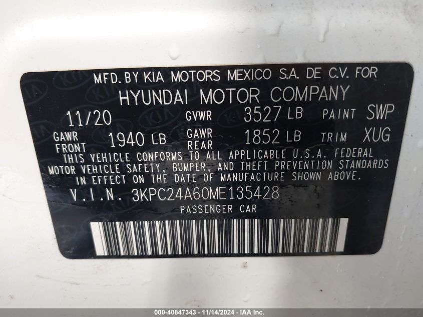 2021 Hyundai Accent Sel VIN: 3KPC24A60ME135428 Lot: 40847343