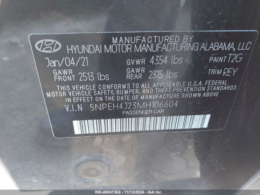 2021 Hyundai Sonata Limited VIN: 5NPEH4J23MH106604 Lot: 40847363