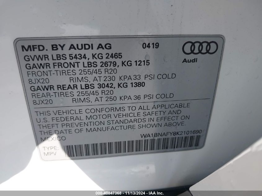 2019 Audi Q5 45 Premium VIN: WA1BNAFY8K2101690 Lot: 40847368