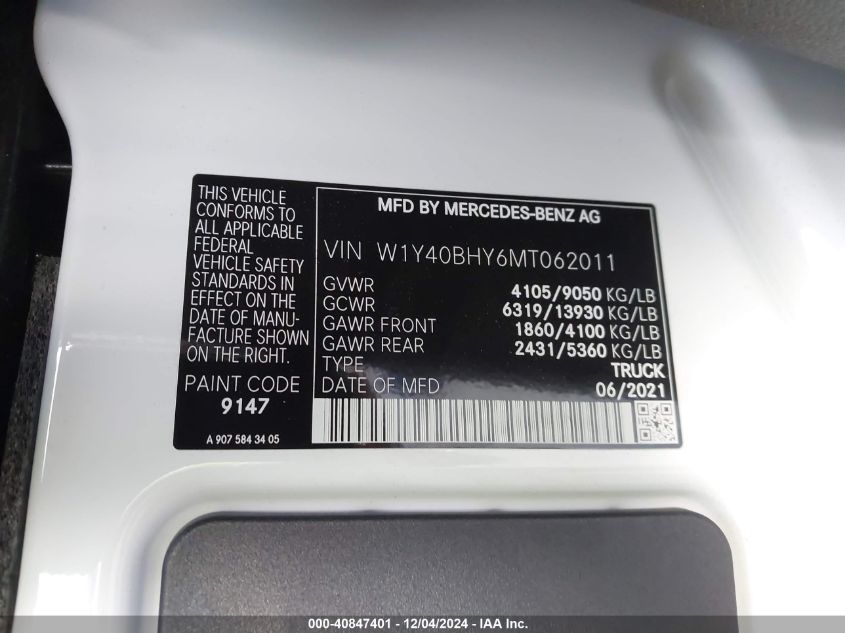 2021 Mercedes-Benz Sprinter 2500 Standard Roof I4 VIN: W1Y40BHY6MT062011 Lot: 40847401