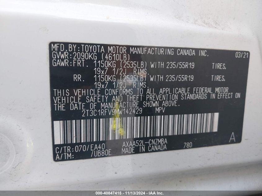 2021 Toyota Rav4 Xle Premium VIN: 2T3C1RFV9MW142429 Lot: 40847415