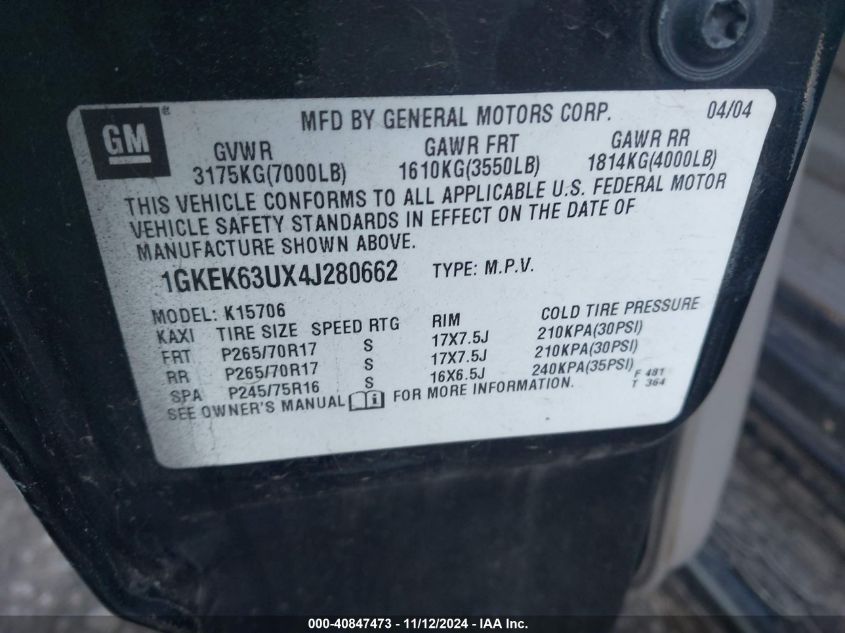 2004 GMC Yukon Denali VIN: 1GKEK63UX4J280662 Lot: 40847473