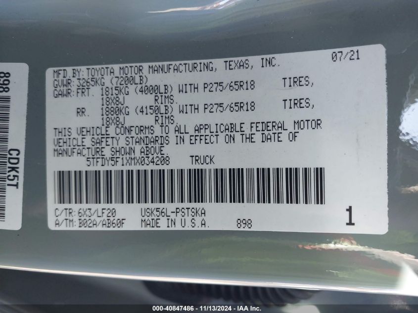 2021 Toyota Tundra Trd Pro VIN: 5TFDY5F1XMX034208 Lot: 40847486