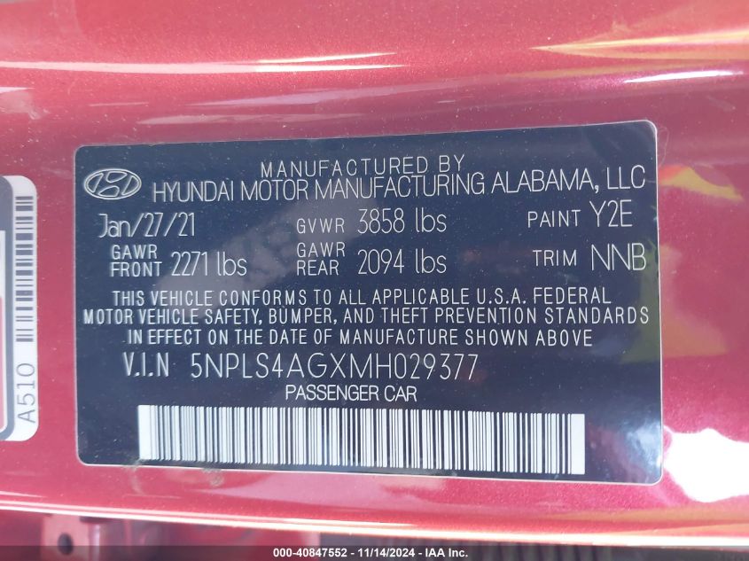 2021 Hyundai Elantra Sel VIN: 5NPLS4AGXMH029377 Lot: 40847552