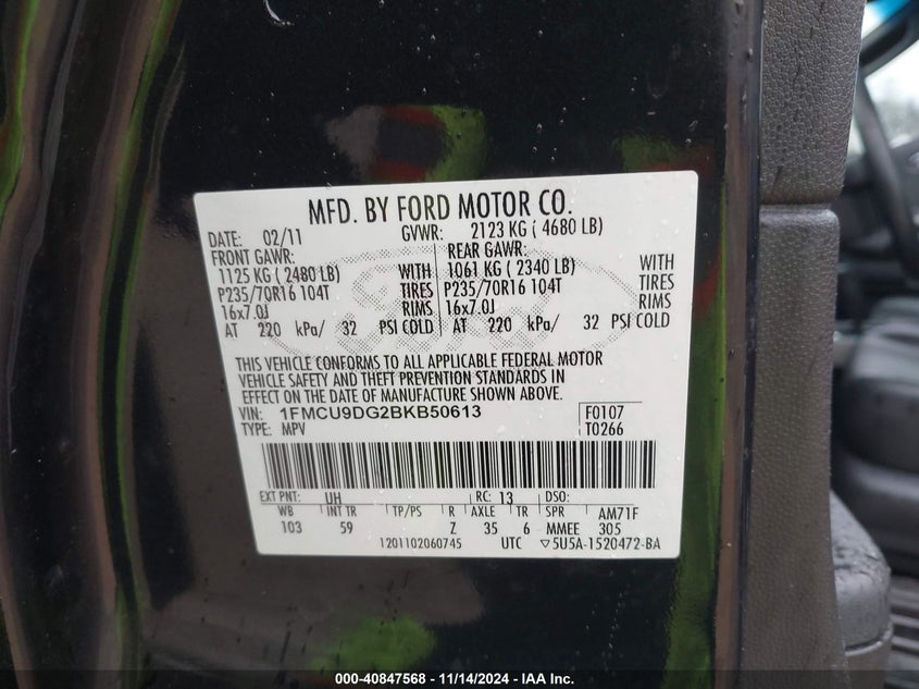 2011 Ford Escape Xlt VIN: 001FMCU9DG2BK8506 Lot: 40847568