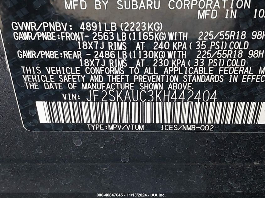 2019 SUBARU FORESTER LIMITED - JF2SKAUC3KH442404