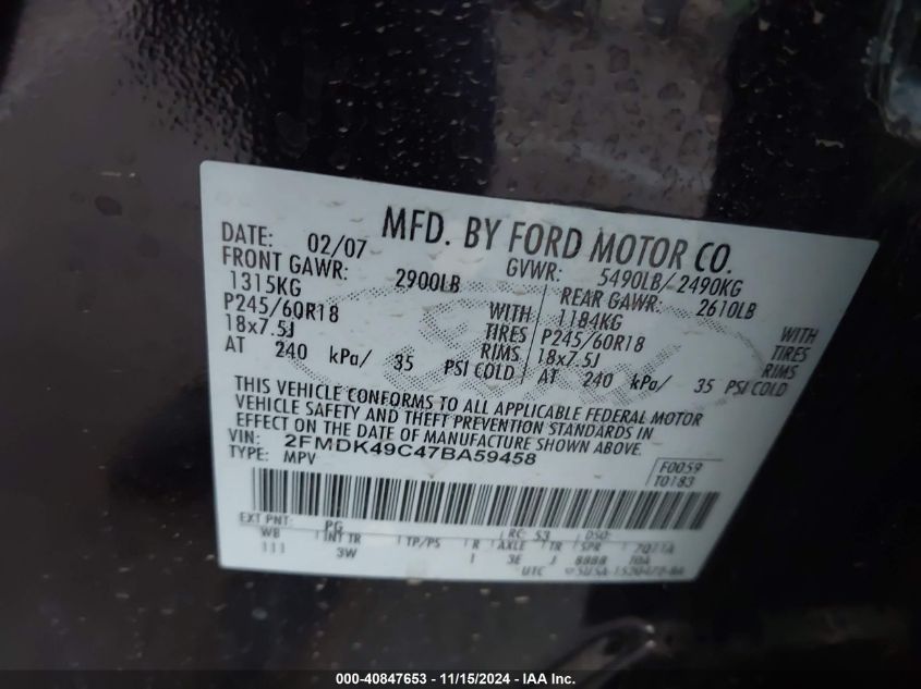 2007 Ford Edge Sel Plus VIN: 2FMDK49C47BA59458 Lot: 40847653