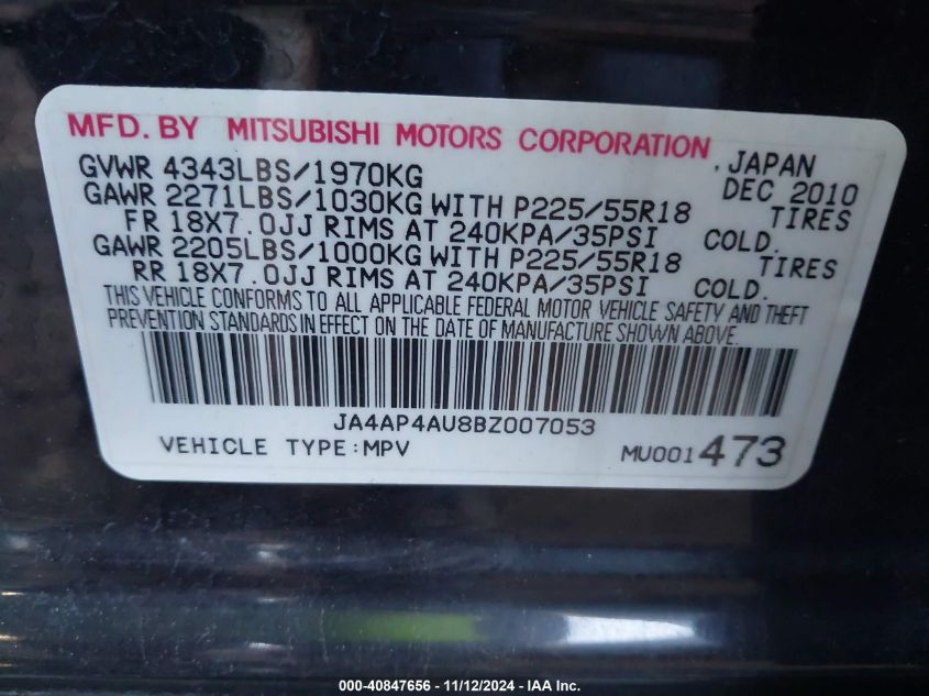 2011 Mitsubishi Outlander Sport Se VIN: JA4AP4AU8BZ007053 Lot: 40847656