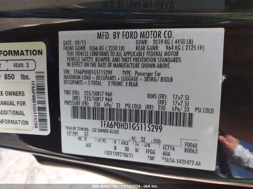 VIN 1FA6P0HD1G5115299 2016 FORD FUSION no.9