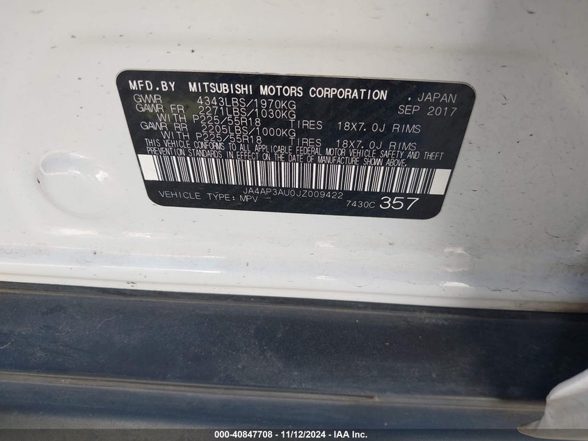 2018 Mitsubishi Outlander Sport 2.0 Es VIN: JA4AP3AU0JZ009422 Lot: 40847708