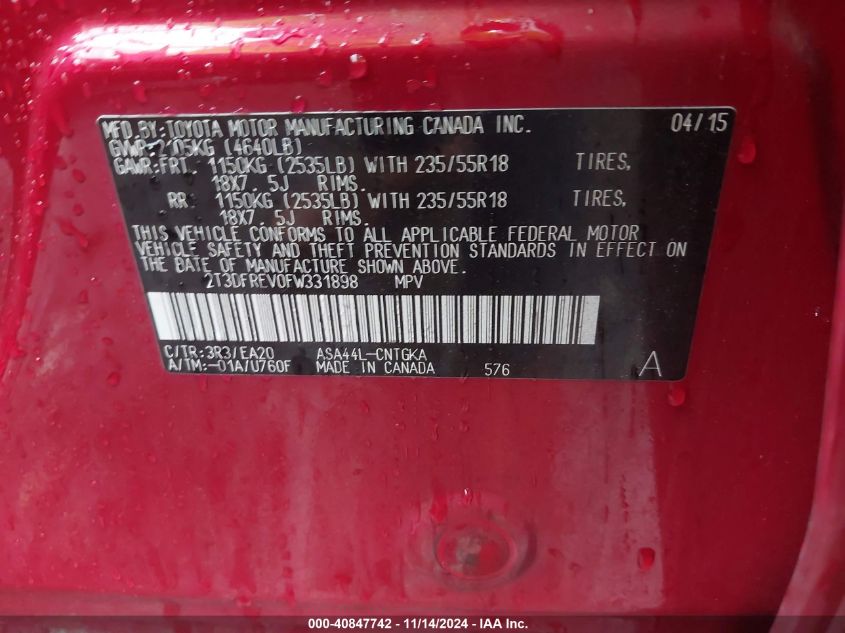 2015 TOYOTA RAV4 LIMITED - 2T3DFREV0FW331898