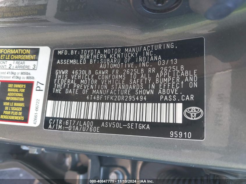 VIN 4T4BF1FK2DR295494 2013 Toyota Camry, Xle no.9