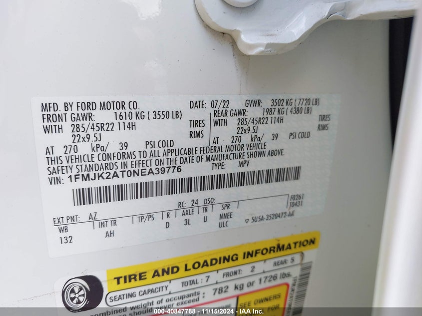 Image 9 of 2022 Ford Expedition  salvage vehicle - Lot #40847788 at IAAI