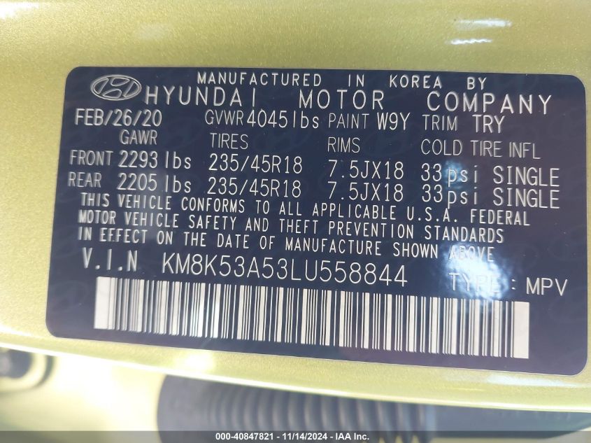 2020 Hyundai Kona Ultimate VIN: KM8K53A53LU558844 Lot: 40847821