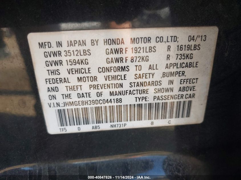 VIN JHMGE8H39DC044188 2013 HONDA FIT no.9