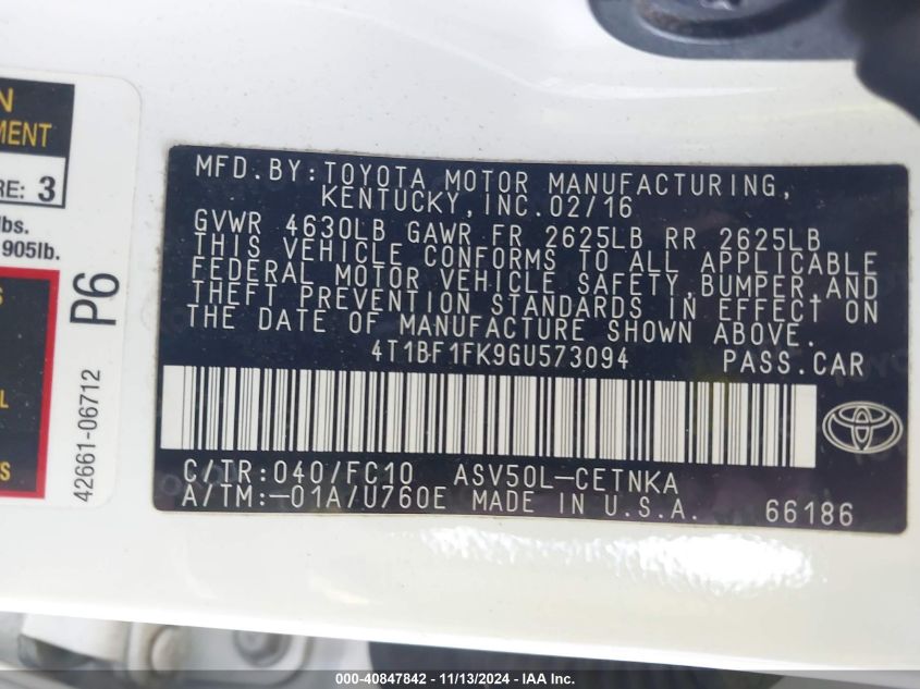 2016 TOYOTA CAMRY LE - 4T1BF1FK9GU573094