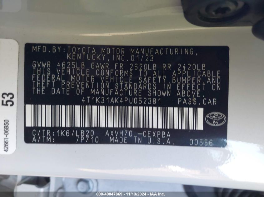 2023 Toyota Camry Xse Hybrid VIN: 4T1K31AK4PU052381 Lot: 40847869