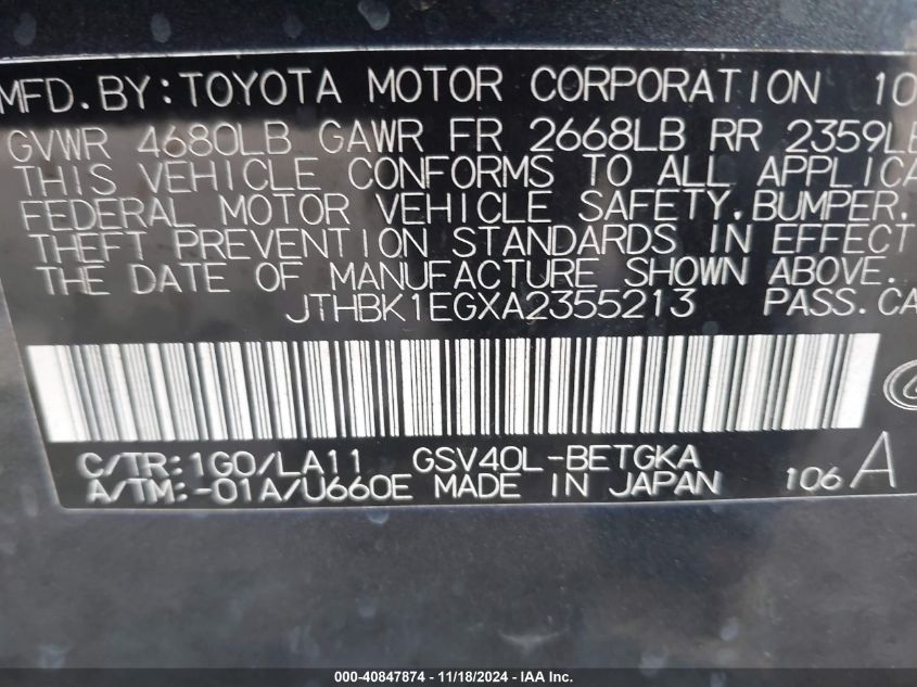 2010 Lexus Es 350 VIN: JTHBK1EGXA2355213 Lot: 40847874