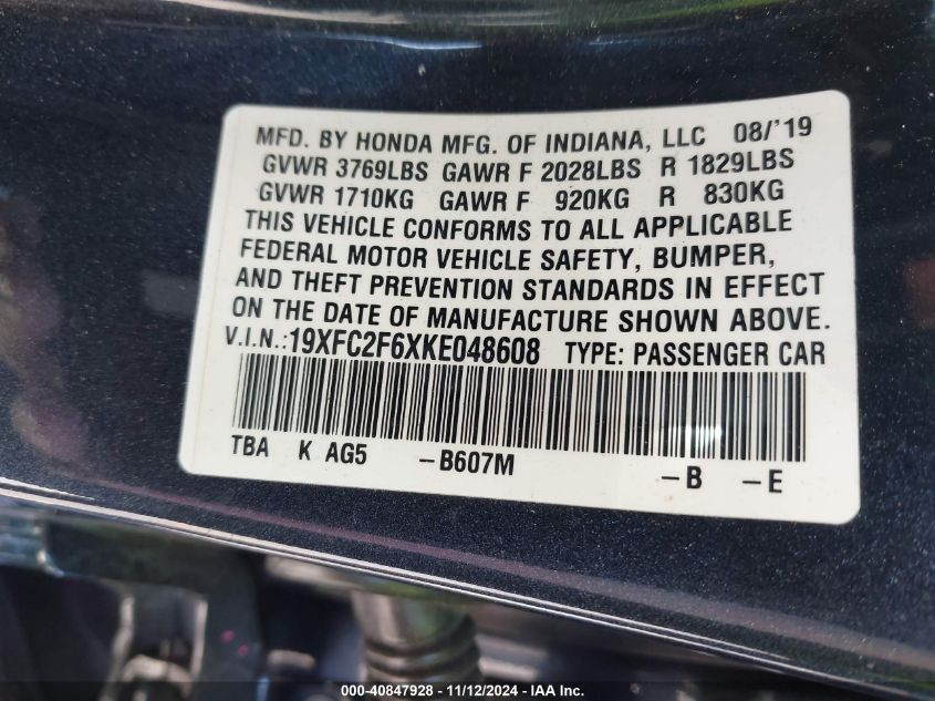 2019 Honda Civic Lx VIN: 19XFC2F6XKE048608 Lot: 40847928