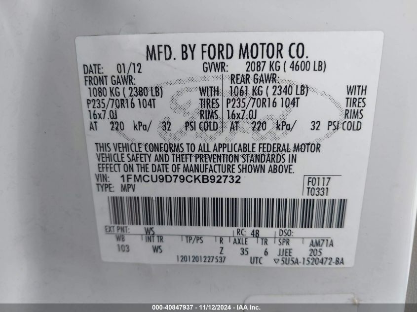 2012 Ford Escape Xlt VIN: 1FMCU9D79CKB92732 Lot: 40847937